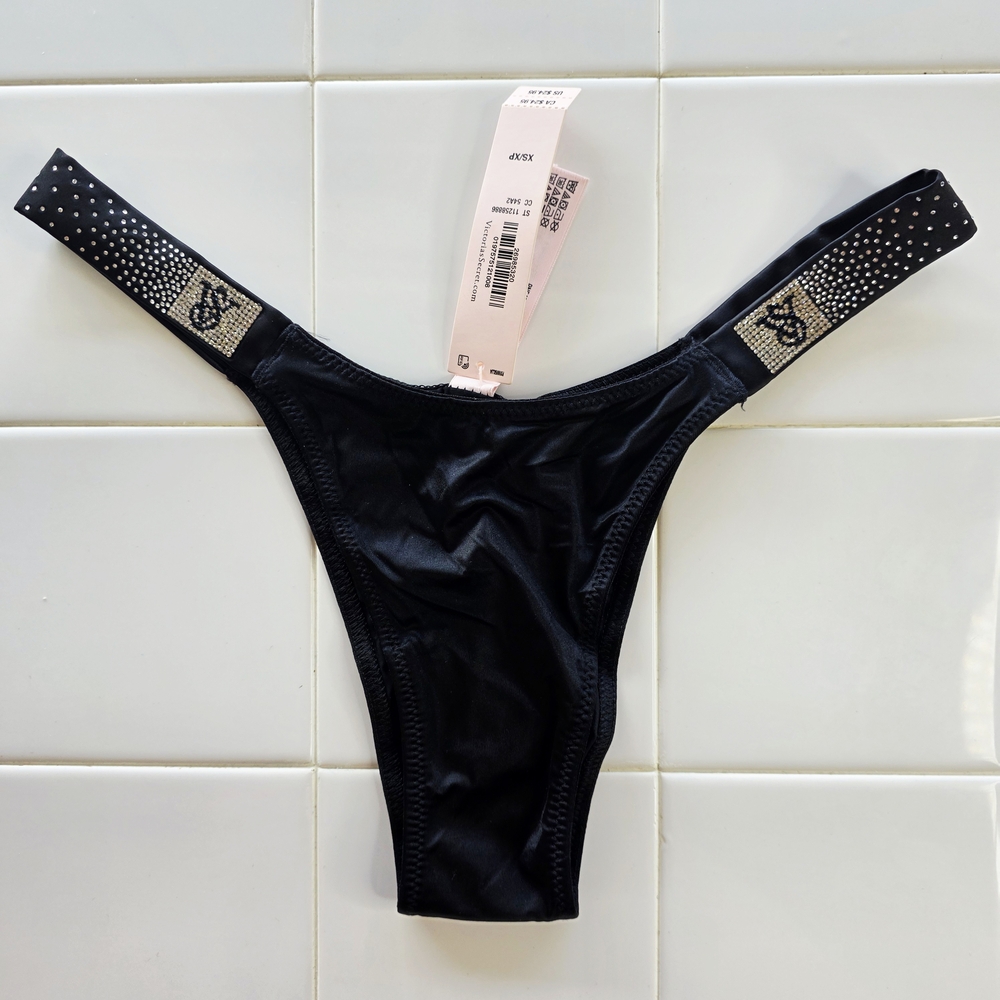 NWT Victoria's Secret Black Brazilian with BLING Silver Straps Size XS